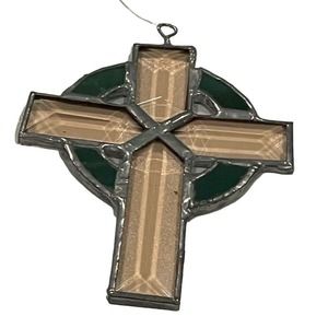 Brighton Small 3.75 inch Celtic Cross Green Soft Pink Stained Glass Sun Catcher